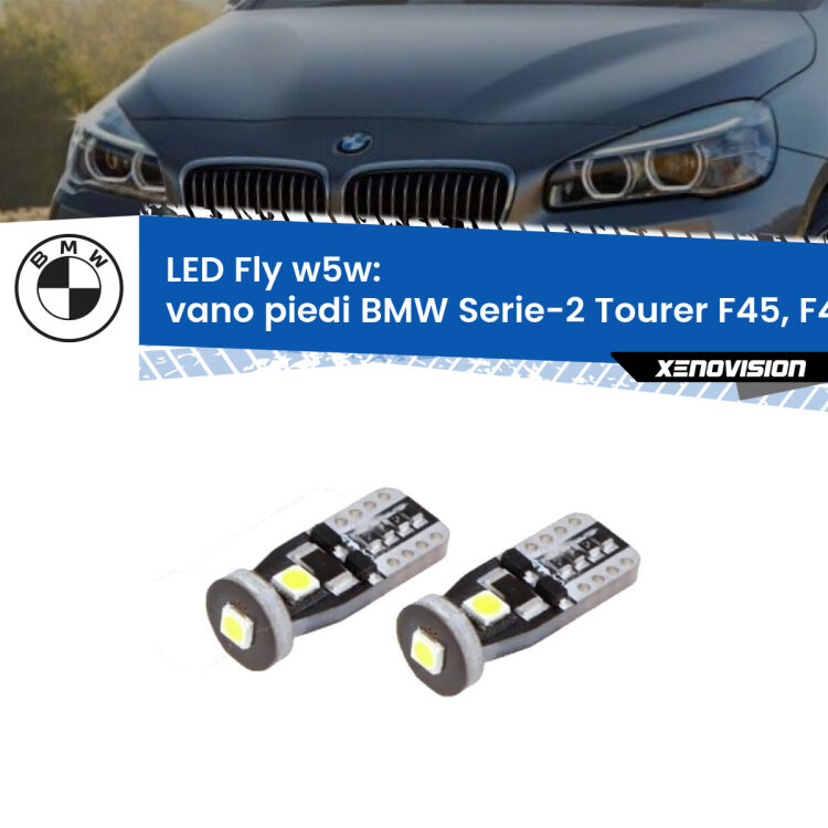 <strong>vano piedi LED per BMW Serie-2 Tourer</strong> F45, F46 2014 - 2018. Coppia lampadine <strong>w5w</strong> Canbus compatte modello Fly Xenovision.