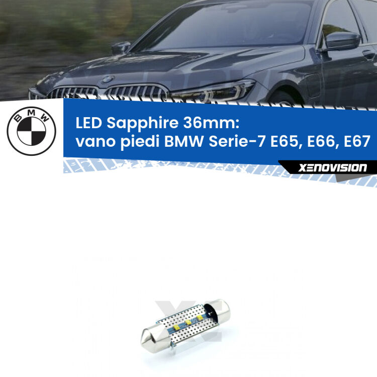 <strong>LED vano piedi 36mm per BMW Serie-7</strong> E65, E66, E67 posteriori. Lampadina <strong>c5W</strong> modello Sapphire Xenovision con chip led Philips.