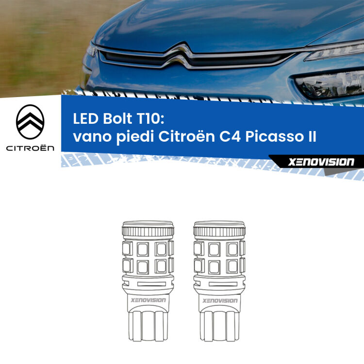 <strong>Vano Piedi LED per Citroën C4 Picasso</strong> II 2013 in poi. Coppia lampade <strong>T10</strong> modello Bolt canbus.