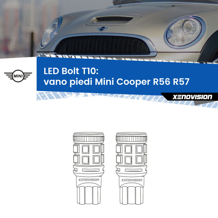 <strong>Vano Piedi LED per Mini Cooper</strong> R56 R57 2006 - 2013. Coppia lampade <strong>T10</strong> modello Bolt canbus.