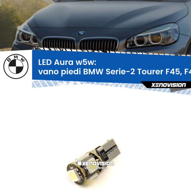 <strong>LED vano piedi w5w per BMW Serie-2 Tourer</strong> F45, F46 2014 - 2018. Una lampadina <strong>w5w</strong> canbus luce bianca 6000k modello Aura Xenovision.