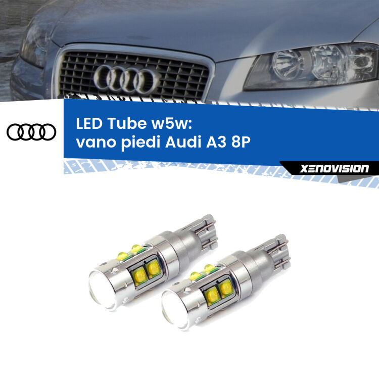 <strong>Vano Piedi LED 6000k per Audi A3</strong> 8P 2003 - 2012. Lampadine <strong>W5W</strong> canbus modello Tube, luce bianco lunare, lunga durata e compatibilità.