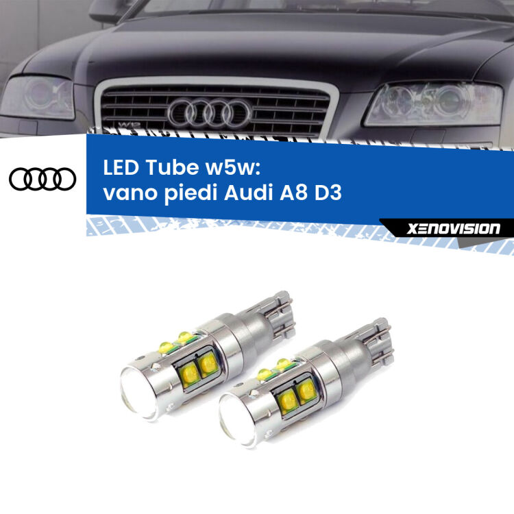 <strong>Vano Piedi LED 6000k per Audi A8</strong> D3 2002 - 2009. Lampadine <strong>W5W</strong> canbus modello Tube, luce bianco lunare, lunga durata e compatibilità.