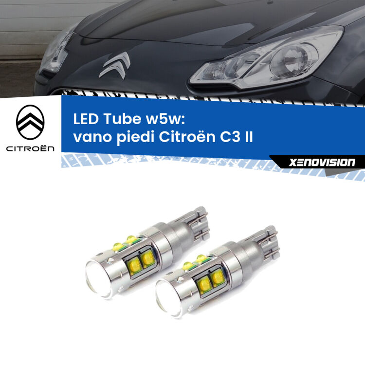 <strong>Vano Piedi LED 6000k per Citroën C3</strong> II 2009 - 2016. Lampadine <strong>W5W</strong> canbus modello Tube, luce bianco lunare, lunga durata e compatibilità.