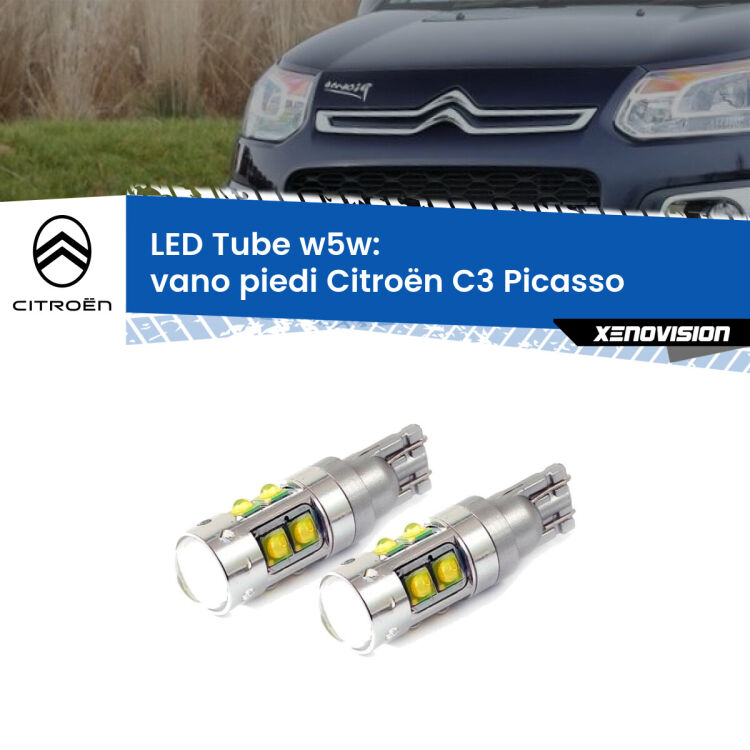 <strong>Vano Piedi LED 6000k per Citroën C3 Picasso</strong>  2009 - 2016. Lampadine <strong>W5W</strong> canbus modello Tube, luce bianco lunare, lunga durata e compatibilità.