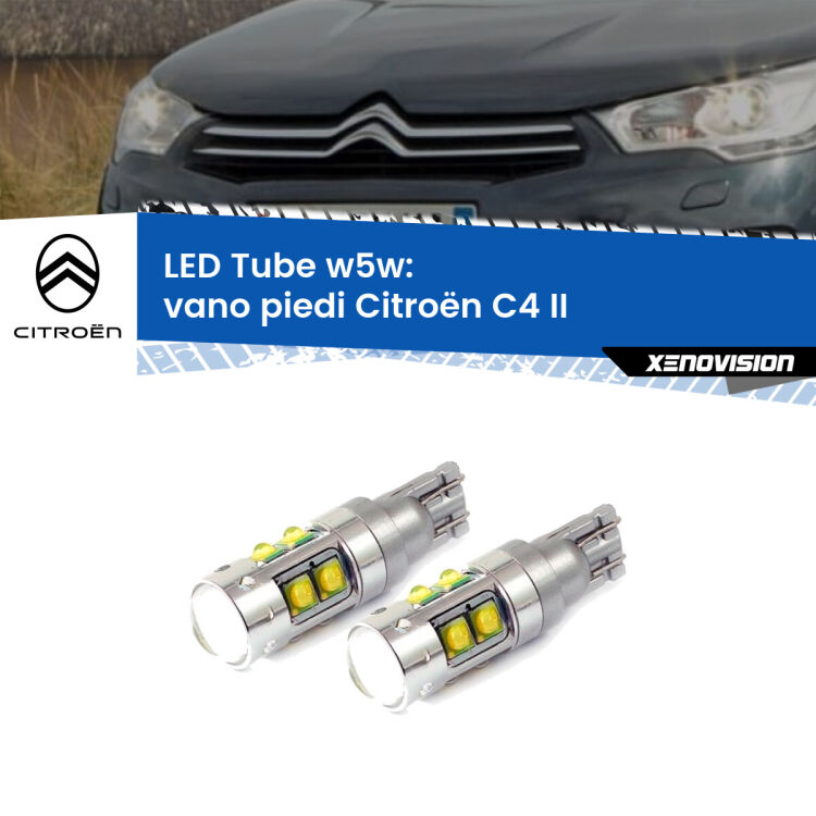 <strong>Vano Piedi LED 6000k per Citroën C4</strong> II 2009 - 2016. Lampadine <strong>W5W</strong> canbus modello Tube, luce bianco lunare, lunga durata e compatibilità.