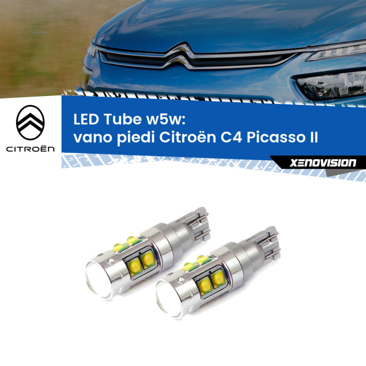 <strong>Vano Piedi LED 6000k per Citroën C4 Picasso</strong> II 2013 in poi. Lampadine <strong>W5W</strong> canbus modello Tube, luce bianco lunare, lunga durata e compatibilità.