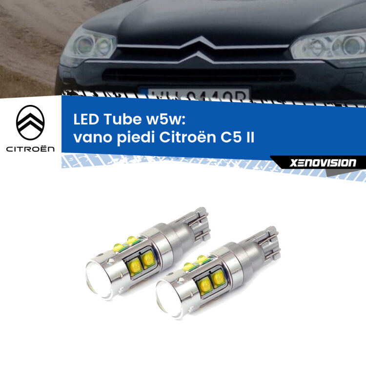 <strong>Vano Piedi LED 6000k per Citroën C5</strong> II 2008 - 2014. Lampadine <strong>W5W</strong> canbus modello Tube, luce bianco lunare, lunga durata e compatibilità.