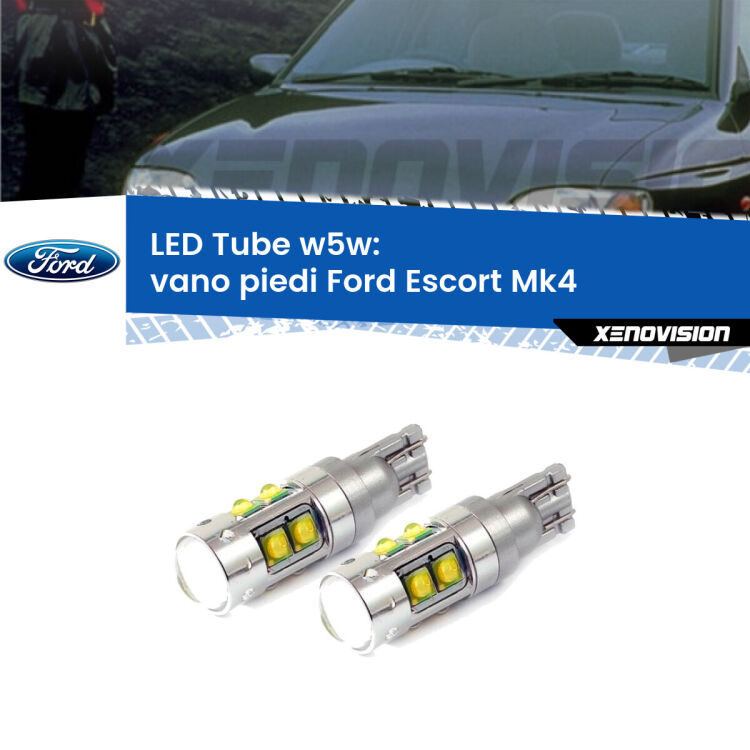 <strong>Vano Piedi LED 6000k per Ford Escort</strong> Mk4 1990 - 2000. Lampadine <strong>W5W</strong> canbus modello Tube, luce bianco lunare, lunga durata e compatibilità.