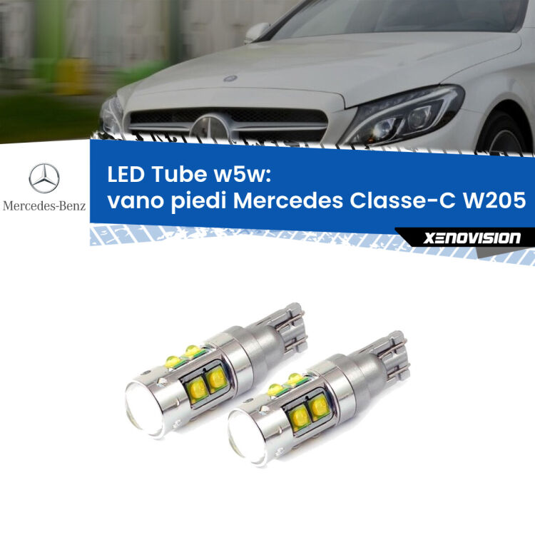 <strong>Vano Piedi LED 6000k per Mercedes Classe-C</strong> W205 2013 - 2018. Lampadine <strong>W5W</strong> canbus modello Tube, luce bianco lunare, lunga durata e compatibilità.