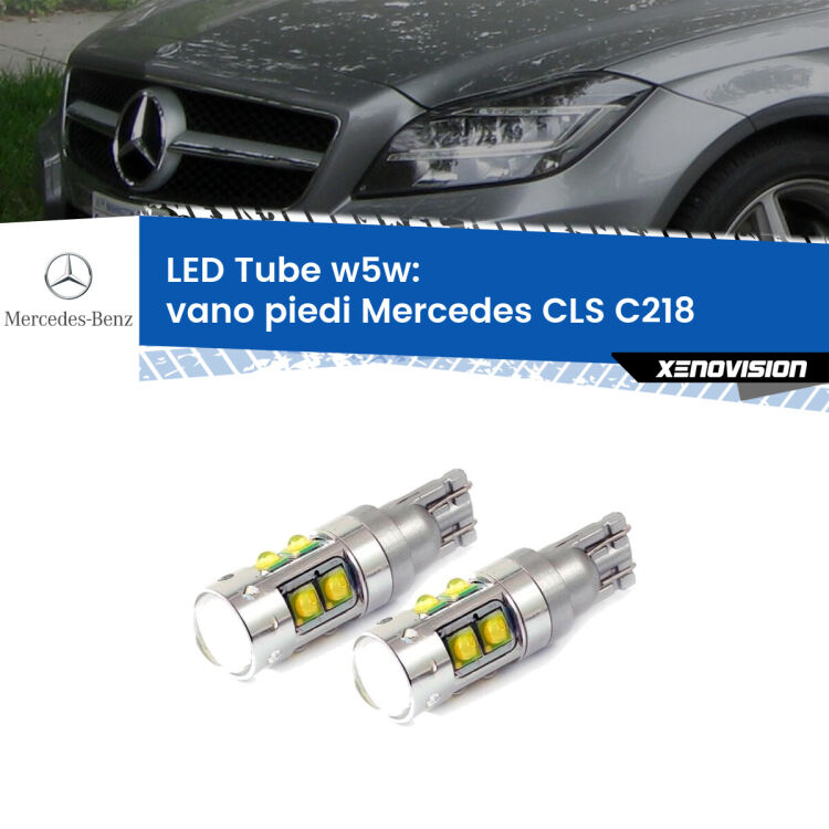 <strong>Vano Piedi LED 6000k per Mercedes CLS</strong> C218 2011 - 2017. Lampadine <strong>W5W</strong> canbus modello Tube, luce bianco lunare, lunga durata e compatibilità.