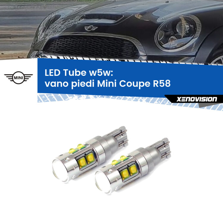 <strong>Vano Piedi LED 6000k per Mini Coupe</strong> R58 2011 - 2015. Lampadine <strong>W5W</strong> canbus modello Tube, luce bianco lunare, lunga durata e compatibilità.