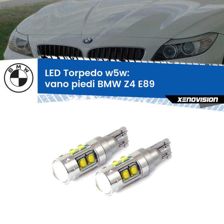 <strong>Vano Piedi LED 6000k per BMW Z4</strong> E89 2009 - 2016. Lampadine <strong>W5W</strong> canbus modello Tube, luce bianco lunare, lunga durata e compatibilità.