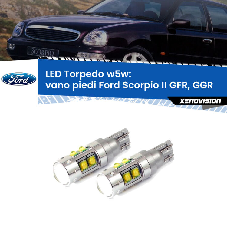 <strong>Vano Piedi LED 6000k per Ford Scorpio II</strong> GFR, GGR 1994 - 1998. Lampadine <strong>W5W</strong> canbus modello Tube, luce bianco lunare, lunga durata e compatibilità.