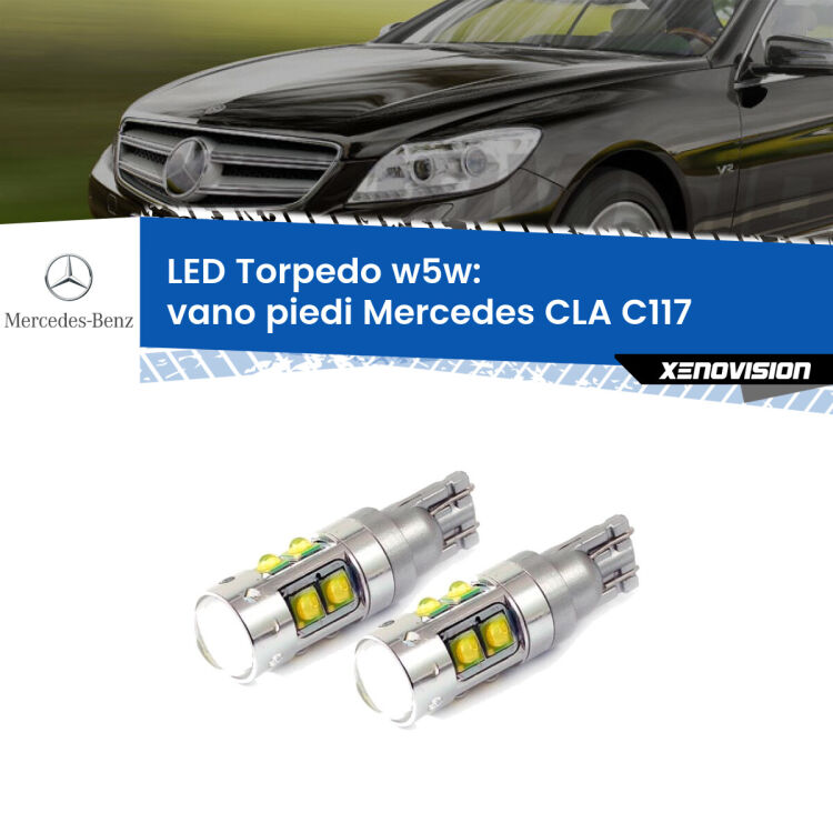 <strong>Vano Piedi LED 6000k per Mercedes CLA</strong> C117 2012 - 2019. Lampadine <strong>W5W</strong> canbus modello Tube, luce bianco lunare, lunga durata e compatibilità.