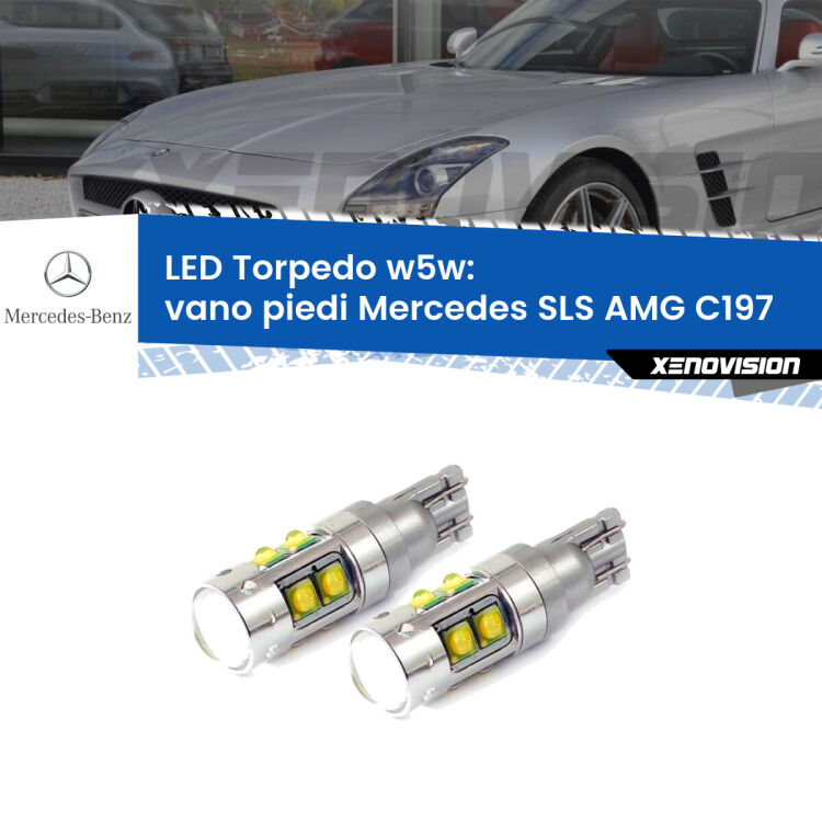 <strong>Vano Piedi LED 6000k per Mercedes SLS AMG</strong> C197 2010 in poi. Lampadine <strong>W5W</strong> canbus modello Tube, luce bianco lunare, lunga durata e compatibilità.