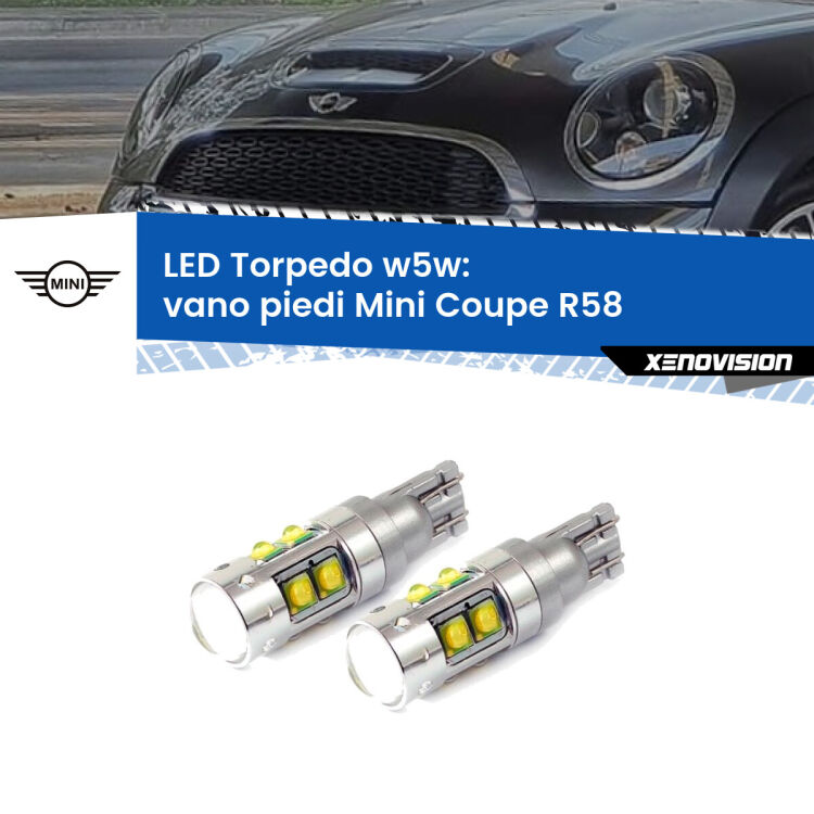 <strong>Vano Piedi LED 6000k per Mini Coupe</strong> R58 2011 - 2015. Lampadine <strong>W5W</strong> canbus modello Tube, luce bianco lunare, lunga durata e compatibilità.