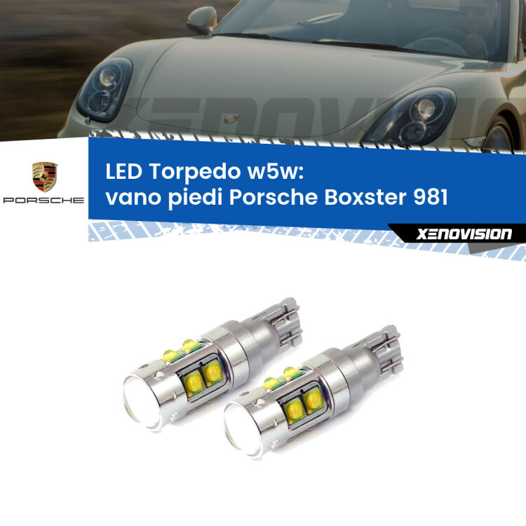 <strong>Vano Piedi LED 6000k per Porsche Boxster</strong> 981 2012 in poi. Lampadine <strong>W5W</strong> canbus modello Tube, luce bianco lunare, lunga durata e compatibilità.