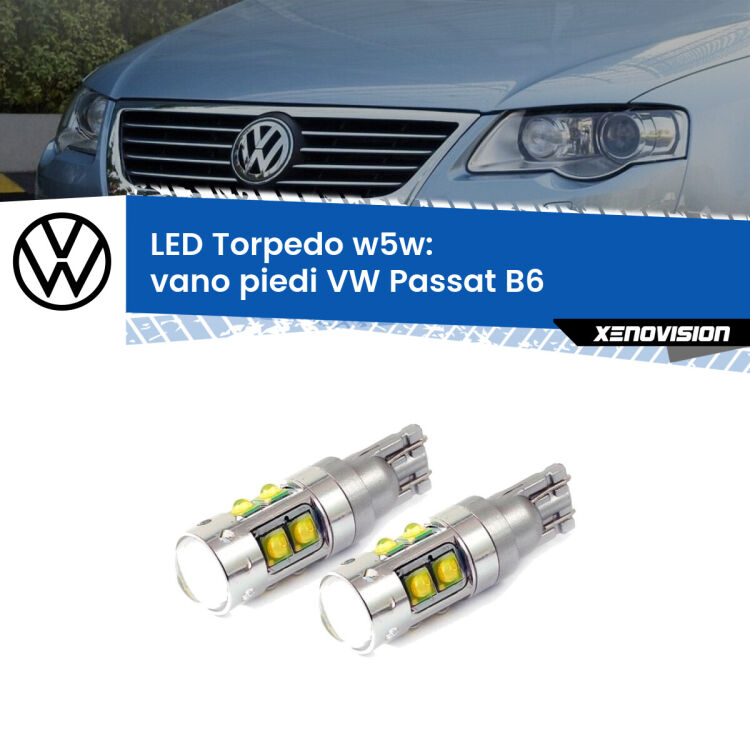 <strong>Vano Piedi LED 6000k per VW Passat</strong> B6 2005 - 2010. Lampadine <strong>W5W</strong> canbus modello Tube, luce bianco lunare, lunga durata e compatibilità.