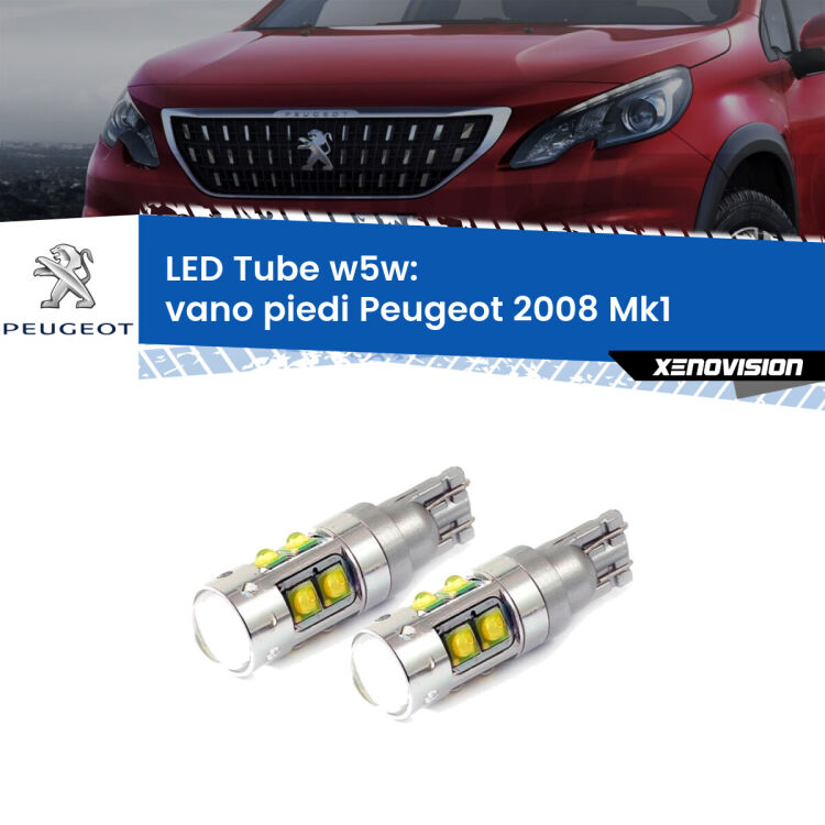 <strong>Vano Piedi LED 6000k per Peugeot 2008</strong> Mk1 2013 - 2018. Lampadine <strong>W5W</strong> canbus modello Tube, luce bianco lunare, lunga durata e compatibilità.