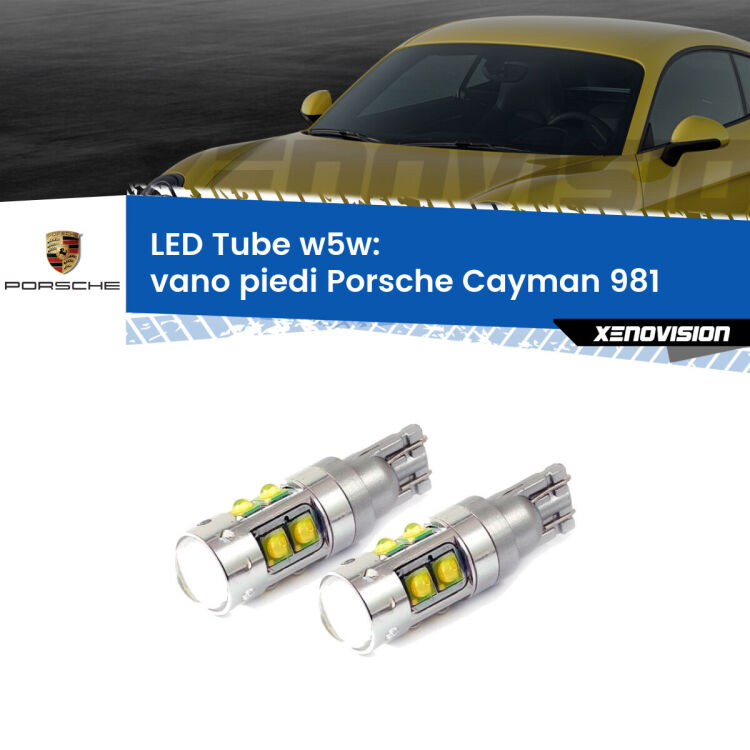 <strong>Vano Piedi LED 6000k per Porsche Cayman</strong> 981 2013 in poi. Lampadine <strong>W5W</strong> canbus modello Tube, luce bianco lunare, lunga durata e compatibilità.