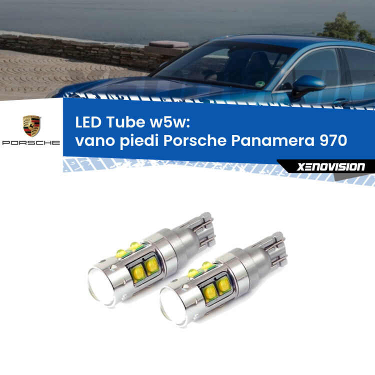 <strong>Vano Piedi LED 6000k per Porsche Panamera</strong> 970 2009 - 2016. Lampadine <strong>W5W</strong> canbus modello Tube, luce bianco lunare, lunga durata e compatibilità.