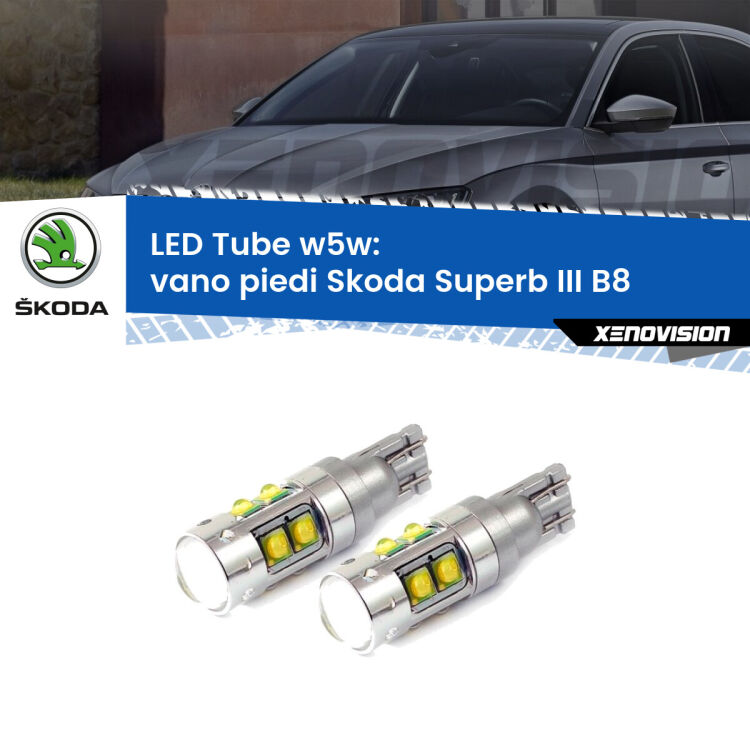 <strong>Vano Piedi LED 6000k per Skoda Superb III</strong> B8 2015 in poi. Lampadine <strong>W5W</strong> canbus modello Tube, luce bianco lunare, lunga durata e compatibilità.