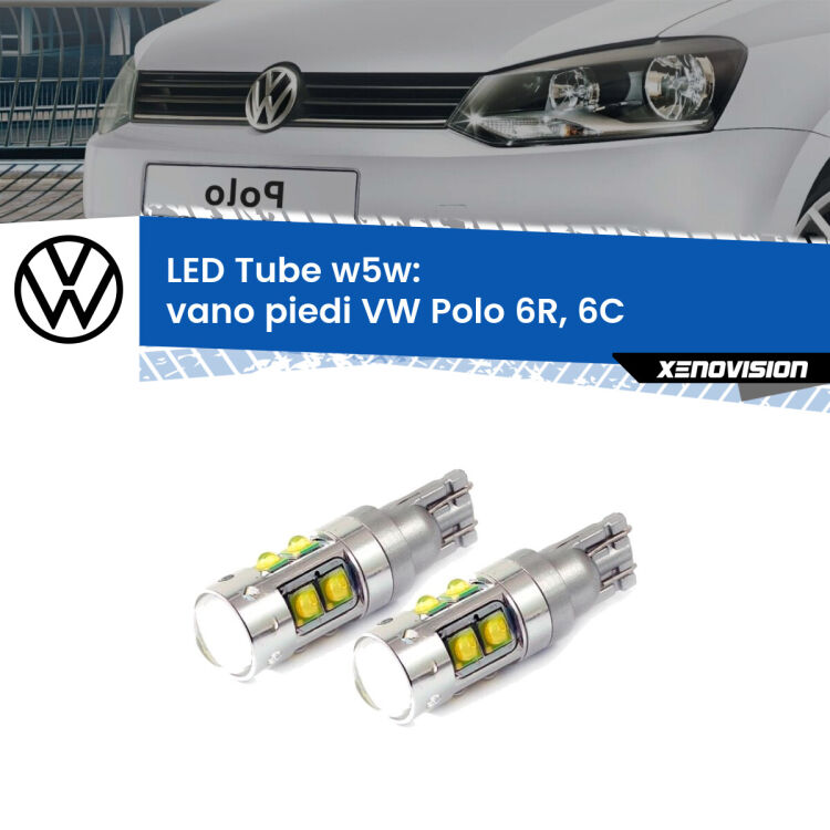 <strong>Vano Piedi LED 6000k per VW Polo</strong> 6R, 6C 2009 - 2016. Lampadine <strong>W5W</strong> canbus modello Tube, luce bianco lunare, lunga durata e compatibilità.